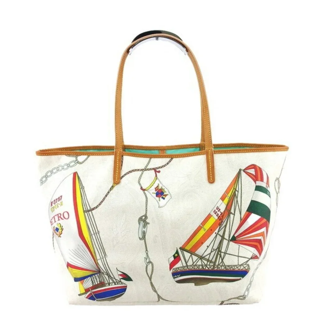 ETRO Tote Bag Yacht Paisley White Beige Gray PVC x Leather Authentic Used t23533 - Picture 2 of 9